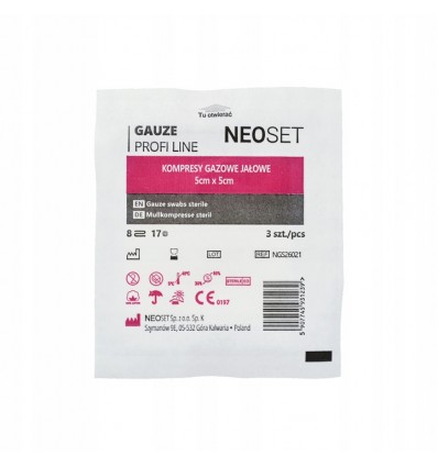 NEOSET - Kompresy z gazy - jałowe - 3 sztuki/ blister - 5x5cm