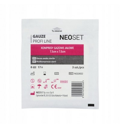 NEOSET - Kompresy z gazy - jałowe / sterylne - 3 sztuki/ blister - 7,5x7,5cm